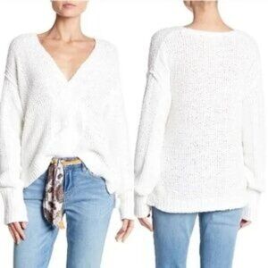 Free People Chunky Coco Cable‎ Knit Oversize Cozy Winter Casual White Sweater